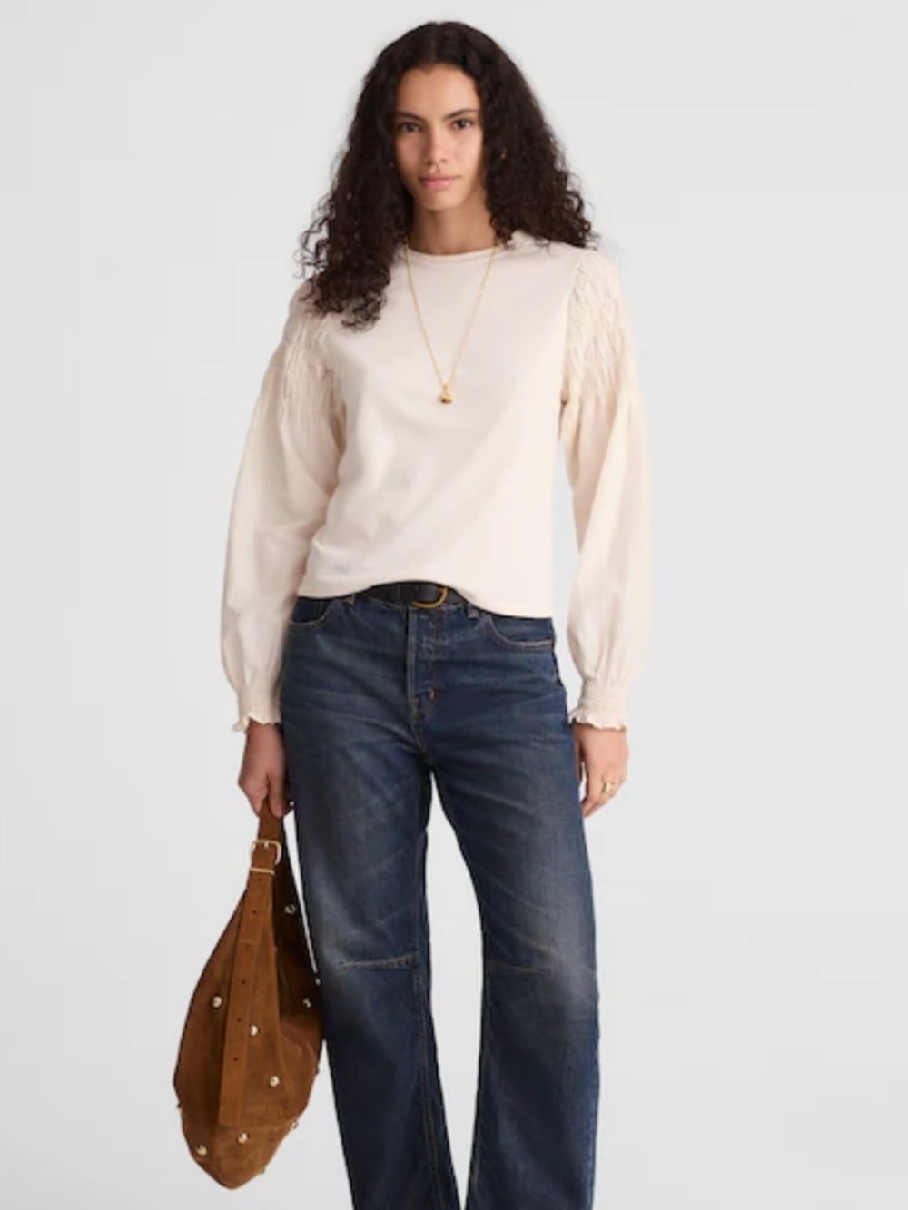 Madewell vintage ivory Smocked Long-Sleeve Tee